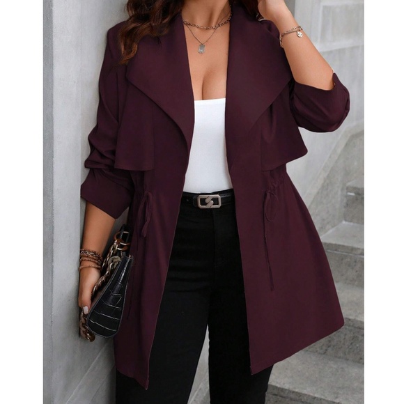 Plus Burgundy Wide Collar Drawstring Lightweight Jacket Coat - Picture 3 of 7
